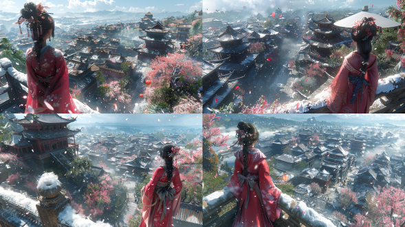 aerial wide-angle view of the forbidden city, intricate carved white jade railings winding through snow-covered palaces with golden double-eaved roofs, a woman in vibrant crimson hanfu standing on arched marble bridge holding semi-transparent white paper umbrella, heavy blizzard with wind-blown snowflakes blending with falling cherry blossoms,俯视构图展现建筑群对称轴心, cinematic depth from wide-angle distortion,冷色调冰雪与暖色灯笼/汉服对比,雾凇挂枝细节, 8k unreal engine 5 rendering with ray-traced ice reflections on jade surfaces, dynamic cloth simulation on flowing sleeves