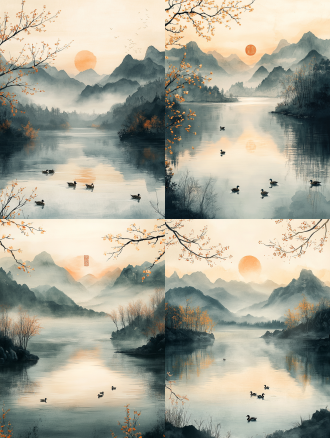 spring river with mandarin ducks swimming in warm water, traditional chinese ink painting style, soft mist over water, willow branches dipping into river, delicate peach blossoms on banks, distant mountains in ink wash, ducklings following mother duck, subtle gradient of cyan and pale orange hues, blank space composition, xuan paper texture, lyrical brushstrokes with ink splatter effects, '春江水暖鸭先知' poetic seal in red, impressionistic rendering of water ripples, harmonious balance between movement and stillness