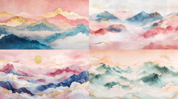 金镶嵌玉雕，超宽的粉蓝色波浪，金色线条，云组成的山脉，中国山水画风格，柔和的粉红色背景，白色烟雾，白色金色粉末，细致的笔触，柔和的光影，精致的细节。金箔散落在画面表面，增添了整体美感