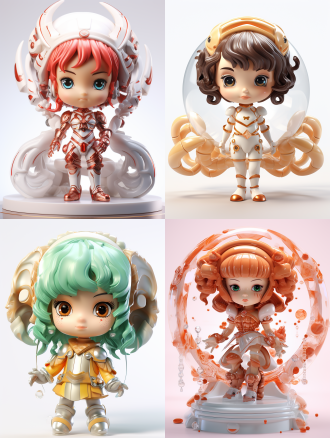 pop-mart设计的天蝎座可爱女孩手办，粉丝基调，3d模型，精细光泽，白色背景，3d渲染，8k，玻璃效果