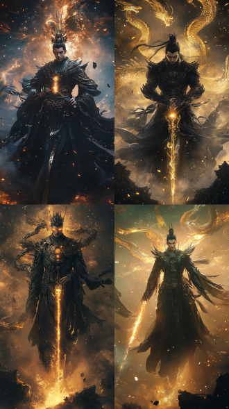 暗黑科幻中国风画面，3d超写实轩辕黄帝(重瞳龙颜/玄甲龙鳞战袍/手持发光轩辕剑)悬浮于虚空，剑尖滴落液态星辰，背后悬浮九鼎虚影，破碎战场残骸漂浮，空中流动篆书火瀑，暗金色主色调，电影级战争特效，粒子光尘，超现实国风，8k细节，工笔画 水墨 道 禅宗 天野喜孝 新川洋司 通感艺术 极简主义 星云 梦幻云彩 全身 仰视视角 对角线构图 低角度