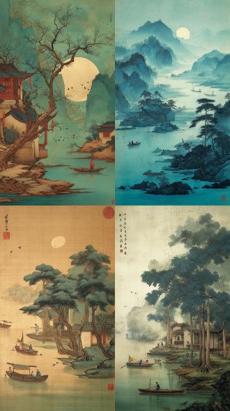 冷翡翠色调的山水长卷，圆月与古树构成阴阳符号，素衣美人化作画面视觉支点，渔舟鸟影点缀空灵背景，多重水墨晕染叠加磨砂介质，电影海报式构图，超精密建模渲染，宋代山水皴法数字化再现，霓虹与传统色彩碰撞美学