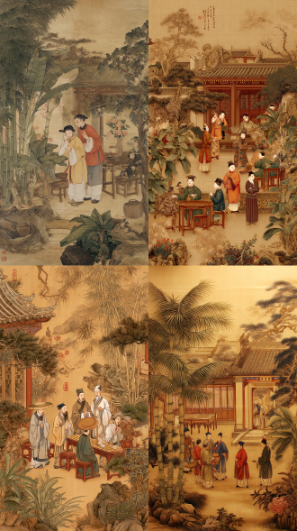 古代人物群像，身着古装，竹林，松树，花，山石，芭蕉叶，中式建筑，围栏，桌椅，庭院场景，传统工笔画风格，画质细腻清晰，场景合理，淡暖棕色基调 。