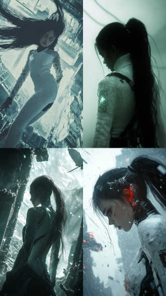 模糊不清，全局朦胧模糊虚化，时尚女王巨人，头像特写拍摄，末世废墟，未来风发光白色胶衣，黑色长马尾，隐隐约约的身体呼之欲出，基地战火，头发飞扬，低角度仰拍，低饱和度，暗色画面，多重曝光，多重失焦，超广角，强透视，景深，空山基，