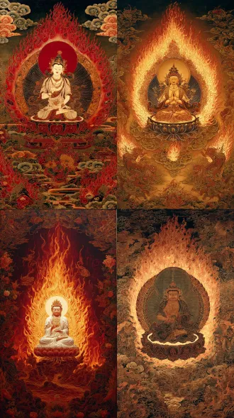 地藏王菩萨端坐千叶妙宝莲花座，强大猛烈火焰明光环绕全身，焚烧身体，火焰围绕全身，神圣威严，超现实宗教风格，高品质画境