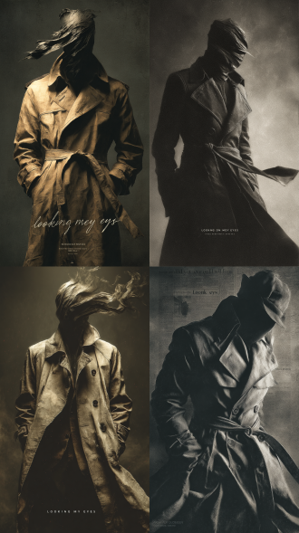 poster art, photorealistic, inkblot mask morphing subtly under dim light, trench coat fluttering in wind, gritty noir setting, intense shadows, dark fantasy realism, masterpiece composition，写着“looking my eyes”