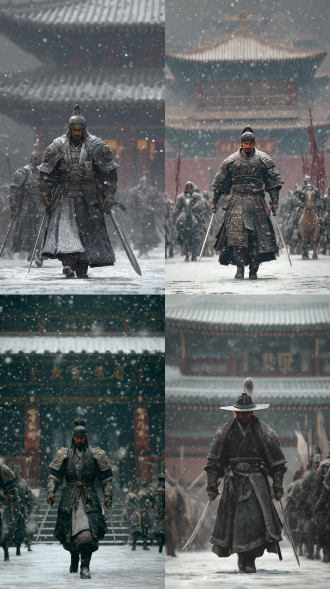 银黑色铠甲的明朝大将军向皇宫走去，手持双剑，愤怒表情，气势恢宏，威风凛凛，超写实风格，前方是巍峨的宫殿，天空下着很大的雪，衣服上全是雪，身后是部队