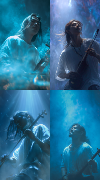 暗黑魔幻风格，哥特风格的蓝色调背景为主，一个长者在拉二胡，穿着一件白色的t恤，仰视角度面部特写，闭上眼睛甩动长发激情表演，一副沉醉在其中的表情，尽显气质与魅力，背后是烟雾，舞台灯光摇曳，神秘学感，气氛热烈，摄影顶部打光，烟雾营造出朦胧的画面层次感，当代油画效果，洒脱的大块儿笔触，极具艺术表现力。，极致cg，大师构图