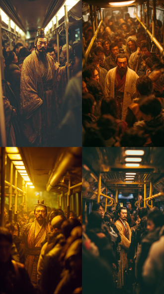 秦始皇样貌古人站公交，着古装霸气无奈，对角线构图，暖黄调，广角镜头，顶光，人群拥挤有序，紧张又荒诞。 黑金 电影灯光 摄影纪实 全身