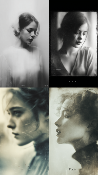 暗朦调，隐约的淡彩褪色，泛朦，对焦模糊，特写，一个灵动的纯绫波丽美女生模糊人像，凌乱美，高颜值，复古，迷离，低饱和，反射，质感，泛光模糊晕染，高噪点，胶片颗粒质感，极简风，灰度美学，写意，前卫视觉艺术美学，高级感，杰作，下方“eva”半透明文字排版+下方简约的细节英文信息点缀