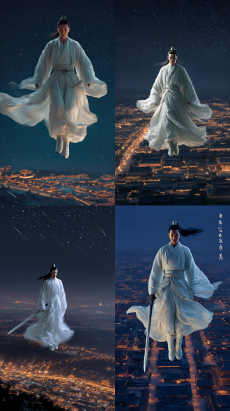 深夜高空，大唐，长安古城，绵延不断，气势磅礴，灯火辉煌，大师手笔，震撼人心，颜色惊人，128k，身穿白袍的男子修真者，真人，长袍隨風飄逸（半透、仙氣），整齊的长发飘扬（古風、仙俠、非常細節），俊朗，人正面站立在高空中，人臉正面看前方，人臉高光、清楚，双脚下踩着一柄巨大无比的上古軒轅劍劍身，軒轅劍悬浮在高空飞行（銀色靈氣包覆著、空氣感），下面是繁华的长安古城夜景，夜晚星空繁星点点，几颗流星划过，人物与所有景物完美融合，武侠大电影风格，古朴，高清。