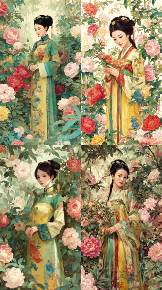 四位身着布满鲜艳花卉图案，主色包含绿色、红色、黄色、蓝色，一年四季春夏秋冬，中式传统服饰的年轻女子代表春夏秋冬，置身于繁茂盛开的五彩花丛与繁密枝叶构成的浪漫花园背景中，中国传统绘画风格，现代插画感，古典浪漫主义，温婉唯美，高细节数字插画，工笔画精细质感，垂直排列的四格独立画面构图，柔和明亮的自然散射光，丰富柔和的花卉配色，大师级画作，超高分辨率，极度精细，细腻笔触，极佳细节