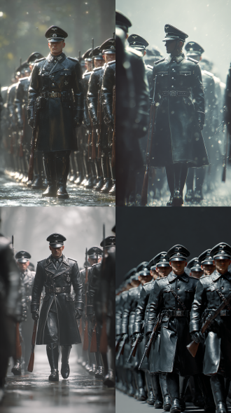 德国军官，在集训练中，操练行进战士队伍，高光，整齐，威武霸气，c4d效果，高分辨率，战士枪械高端，环境梦幻，神秘，大师作品，获奖作品，未来战士，黑色皮军装