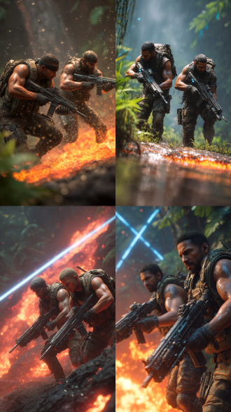 两位肌肉发达的特种兵在热带雨林激烈战斗，身穿战术背心手持重型机枪，机械怪物从岩浆池中爬出，爆炸火光与蓝色激光束交织，8k超写实画质，电影级光影效果，人物皮肤汗珠与金属武器反光清晰可见，低角度动态镜头捕捉腾空扫射动作，硝烟弥漫的末日战场氛围