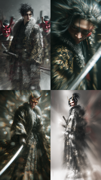 模糊，朦胧美学，全局朦胧模糊虚化，时尚，机械朋克日本武士，身材高挑身姿优美，黑金色暗纹和服，杀手，身穿亮银色中国古代盔甲，身后披着毛皮披风，大披风，抽象，多重，狂乱，失控，空白，隐隐约约的模糊人像虚化，头发凌乱而突出，动态模糊，边沿模糊，黑白，灰度，暗黑，多重曝光，失焦，超广角，强透视，景深，高噪点，强烈的胶片颗粒感，动态美学，弥散模糊晕染，朦胧美学，夸张构图，超现实，细节生动完美，杰作，武器为日本武士刀，长刀和短刀，戴着红色罗刹面具 站在众多杀手人群中，英俊潇洒的脸，眼神犀利且杀气的看着镜头，身材高大，高级感。复仇，紧张感。视线转向镜头，3d渲染，超高清8k，朦胧美学，光影美学，突出视觉冲击力，画面主体动态呈现，动作自然流畅，极致细节，镜头跟拍，超真实动态捕捉，人脸不变形，没有瑕疵，不要张嘴，动作自然流畅，生动逼真，不模糊，符合逻辑，动作连贯，动作协调，cg，高级感，人物特写，视线转向镜头，大师杰作，动作质感完美，细节处理到位，电影即视感