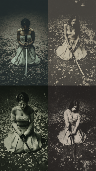 一位绝美的日本战国公主在皇室庭院内跪坐，上身缠满白布条，下身和服裙，双手握着日式短刀，刀剑指向自己的腹部，满地樱花花瓣，采用暗黑抽象摄影手法，梦核胶片风格，呈现迷幻、恐怖、黑暗、无情、张狂、暴躁、扭曲、愤怒、狂暴、聊斋、咒怨、离奇、古怪、灵异、阴暗、惊悚的氛围，用途艺术摄影作品，类型摄影图片，中景构图，50mm标准镜头，f8.0景深控制