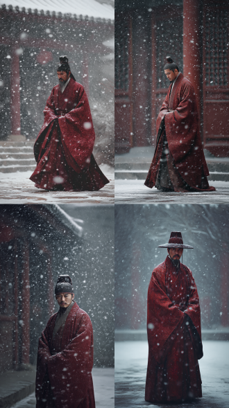 红色战国袍，在视网膜投下残影，五百年前的洛阳雪落仿佛穿越时空，真人，写实环境，记录一组写真