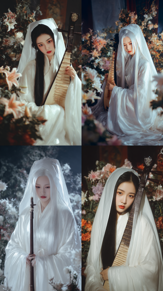 古风美人，真人，特写，银白色长发，发丝细腻富有光泽，白色纱织汉服，宽大衣袍，头戴超大白色纱幔兜帽，只漏出半张脸，风吹起衣摆飘荡起来，衣摆灵动仙气飘飘，竖抱一把琴，居高临下的看向镜头，眼神幽怨，楚楚可怜，古风室内大堂背景，周围环绕着许多花朵，美人，近景脸部特写。