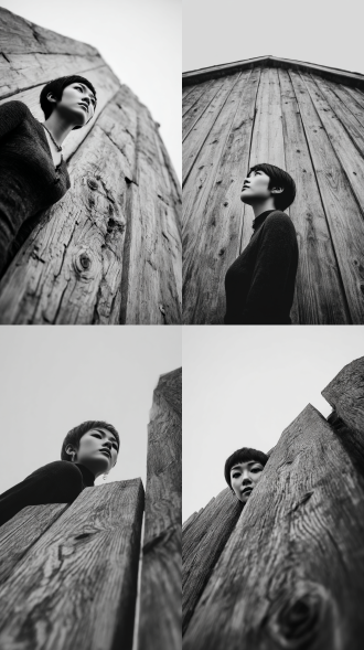 in a sharp and crisp focus,a young chinese woman with a pixie cut and a pair of dark,unreadable eyes stands against a weathered wooden structure,exuding an air of mystery and detachment. the superior texture quality and precise proportions highlight the expressive details of her face and the intricate patterns of the wood. the image,rendered in monochrome,captures an upward view along the vertical planks of the structure,which could be a fence or wall. the texture of the aged wood is prominently featured,with grain patterns,knots,and subtle undulations that suggest years of exposure to the elements. the lines of the planks draw the eye upward,converging slightly as they meet the soft,overcast sky,which fades into a uniform white,creating a minimalist and serene aesthetic.