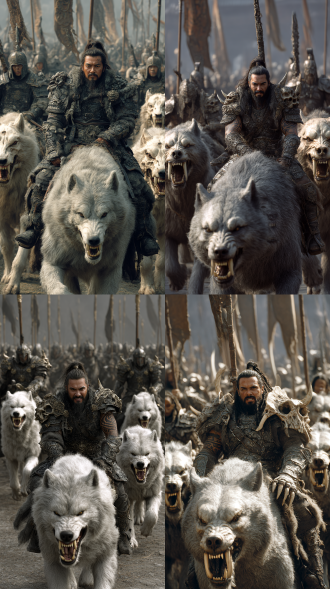 电影级别大片质感，俯视拉远距离广角拍摄一群强兽族狼骑兵，面目狰狞杀气腾腾，冲在前面的军队中有骑着狼首领，下颚獠牙外翻，身穿皮带和野兽骷髅组成的铠甲，两个肩膀上分别装饰怪兽的不同头骨和獠牙，脖子上带着野兽的獠牙，身上有黑色纹身，满脸络腮胡子，长头发绑着少数民族的辫子，毛发细腻，狼的四个爪子宽大，钢铁洪流感扑面而来，旌旗蔽日，天气是乌云压城之感，高清摄影作品