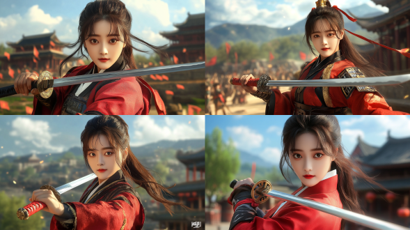 a woman, with an asian face and a sturdy figure, wearing a knight's tang suit, holding a sword in her hand, with clear facial features and distinct finger movements.