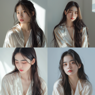 白色背景，室内拍摄，亚洲18岁少女模特，披肩长发，正面视角，丝绸睡衣，端庄优雅，柔和光影，清晰细节，大光圈镜头，自然光，静态，淡雅色调，优美，8k高清分辨率，头部特写，细腻肌肤，温和表情，专业摄影，高分辨率，细节丰富，光影柔和，色彩淡雅，气质优雅。