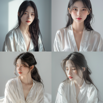 白色背景，室内拍摄，亚洲18岁少女模特，披肩长发，头发柔顺，正面视角，半身照，丝绸睡衣，端庄优雅，柔和光影，清晰细节，大光圈镜头，自然光，静态，淡雅色调，优美，8k高清分辨率，头部特写，细腻肌肤，温和表情，专业摄影，高分辨率，细节丰富，光影柔和，色彩淡雅，气质优雅。