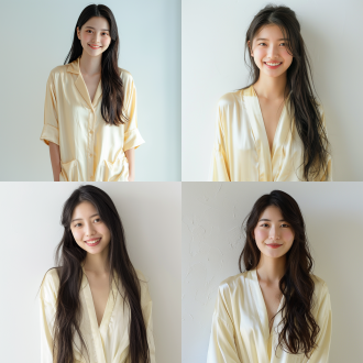 高清像素，自然光源，正面打光，18岁日本女孩，站立姿势，丝绸淡黄色睡衣，披肩柔顺长发，笑容灿烂，目光看向镜头，白色背景墙，全身入镜，柔和光线，细腻肌肤，清新风格，温馨氛围，淡雅色彩，亲切表情。
