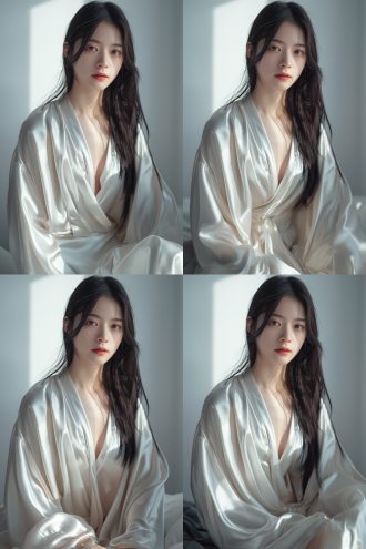 白色背景，室内拍摄，亚洲18岁少女模特，披肩长发，头发柔顺，正面视角，半身照，丝绸睡衣，端庄优雅，柔和光影，清晰细节，大光圈镜头，自然光，静态，淡雅色调，优美，8k高清分辨率，头部特写，细腻肌肤，温和表情，专业摄影，高分辨率，细节丰富，光影柔和，色彩淡雅，气质优雅。