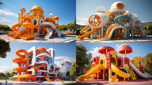 儿童游乐设备，异形滑梯组合，立体攀爬网，皮制攀爬，攀爬绳、攀爬球连接平台，滑杆，塑料造型圆凳连接立柱，高低错落管型立柱，三角型遮阳顶，游乐功能块，鲜艳色彩，阳光下，广角镜头，自然光，动态模糊，欢乐氛围，安全设计，创意造型，互动性，儿童玩耍，活力四射。