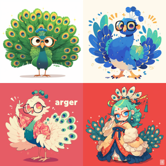 peacock, waving hand, mascot, character design, cartoon style, cute, red wall, front, front, simple color matching, 2.5d, integrated "argger", glasses free, white background, oc renderer