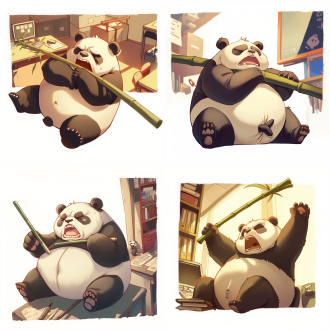 大熊猫模拟打工人日常，各种表情动作，喜怒哀乐，身材胖胖，办公室环境，暖色调，广角镜头，自然光，动态模糊，细节丰富，幽默感，温馨氛围。