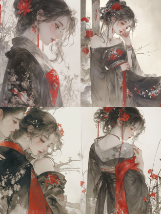 黛玉葬花，中国画风格，线条勾勒，娟本淡彩，高画质，优雅姿态，柔和表情，背景留白，细节丰富，静谧氛围，传统服饰，细致描绘，古典美。