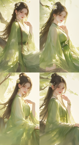 古代女子16岁，绿色衣服，昙花，微笑面对镜头，水墨画，长发披散，柔和光线，长曝光，传统绘画风格，温馨氛围，远景，全身照，自然光，慢快门，汉服细节，古典美，细腻表情，静谧环境。