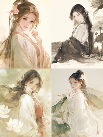 古代女子16岁，纯色衣服，昙花，微笑面对镜头，水墨画，长发披散，柔和光线，长曝光，传统绘画风格，温馨氛围，远景，全身照，自然光，慢快门，汉服细节，古典美，细腻表情，静谧环境