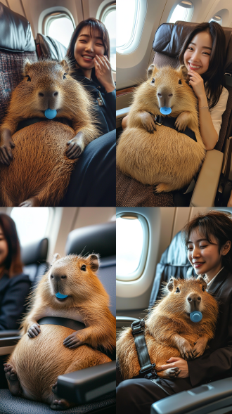 an ultra-realistic, heartwarming photograph of a baby capybara lying comfortably on a spacious airplane seat, its fluffy fur slightly damp, with all four limbs distinctly lighter in color. the baby capybara has an extraordinarily large, round, and plump belly, resembling the size and shape of a soccer ball, making it look irresistibly chubby and cute. the capybara is using both paws to rub its enormous tummy with a sleepy, content expression, eyes half-closed in bliss. its small, rounded ears perk up slightly, adding to its charm. the baby capybara is securely fastened with a black airplane seatbelt across its enormous belly, adding a touch of humor and safety to the scene. a blue pacifier is in the capybara’s mouth, adding a playful and endearing detail. soft, warm cabin lighting illuminates the moment, reflecting gently off the luxurious upholstery of the airplane seat. beside the capybara, a stunning 25-year-old korean woman with short black hair sits on the adjacent seat. she exudes the elegance and charm of a korean actress, her delicate facial features beautifully highlighted by the warm lighting. the woman is dressed in a stylish flight attendant uniform, and she covers her mouth with one hand, laughing softly at the adorable scene. her expressive eyes and radiant smile enhance the lighthearted and heartwarming atmosphere. the background features the sleek interior of the airplane, with blurred outlines of other seats and cabin details. the image is captured in ultra-high-definition, dslr-like clarity, emphasizing every detail in a photorealistic style.