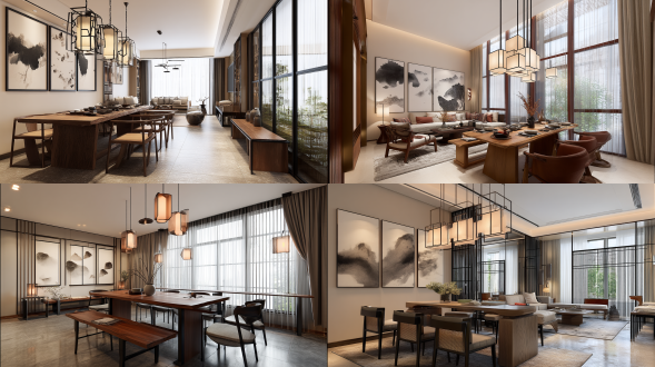 现代新中式客餐厅，分层布局，暖棕哑光木家具，黑金属线条，落地窗配薄纱帘，自然光，抽象水墨画，几何吊灯，8k写实，电影光