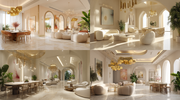 奢华米色客餐厅，极简设计，暖象牙色大理石地砖，弧形沙发配云形茶几，金吊灯下柳条椅，拱门、抽象画与绿植，黄金时段光，2023风，16:9