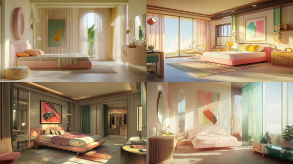 奢华奶油风主卧，人字形地板，悬浮床，粉床框配薄帘，藤制梳妆台，多光源，大衣柜，抽象画，全景窗晨光，绿棕点缀，简洁有机，4:3