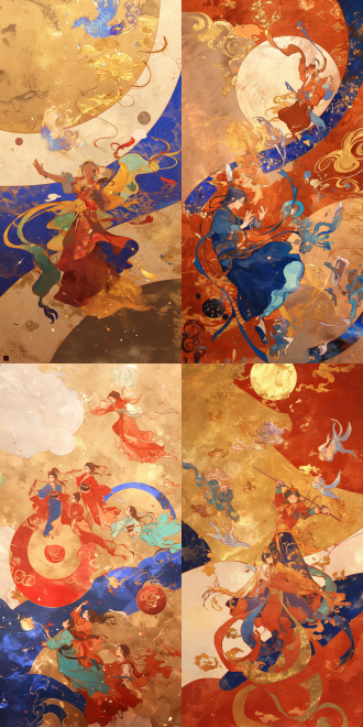 敦煌艺术风格壁画，仙女下凡，天野喜孝与吴道子合作，敦煌飞天形象，臂钏，长裙束腰，双手优雅弹奏古筝，细腻笔触，柔和流畅，中国红与靛蓝，金色箔纸绘吉祥云纹背景，低角度拍摄，超广角，长焦镜头，高光，柔和光线，动作优雅，色彩鲜明，情感宁静。