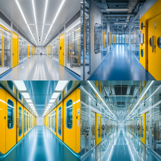 洁净室，对称布局，顶板象牙白彩钢板、墙面落地玻璃、黄门带视窗、蓝环氧地面，有生物反应器等设备，科技风，顶光，冷色调，科技感。