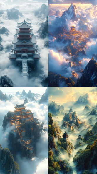 云顶天宫，全景构图，高山矗立大地，天空云雾缭绕放光，宏伟宫殿漂浮云中，点彩技法，3d渲染，宋式宫殿，祥云环绕，淡雅色彩，梦幻。 山海经