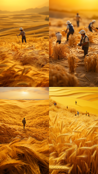 秋季麦田，劳作的人，3d质感，微缩摄影，俯视角度，金色麦浪，广角镜头，柔和阳光，慢快门，细节丰富，温暖色调，满足感。