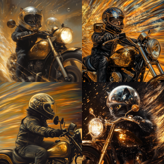 黑灰色米努特矮脚猫头戴透明气泡头盔，驾驶黄金质感哈雷摩托车飞驰，梵高风格，色彩饱满，线条流畅，对比度高，广角镜头，侧光，快速快门，动感十足，金属质感，透明气泡，飞驰，自由。