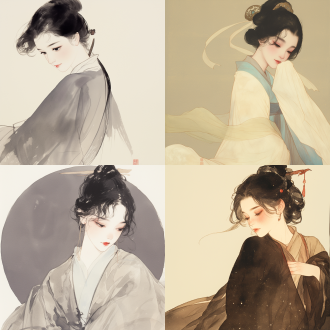 玄色窄袖素衣人物，黑发木簪束起，发丝衣摆飞扬，中国画风格，绢本淡彩，高画质，工笔细致，正面构图，暖光，优雅静谧，古典美。