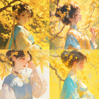美丽少女穿浅蓝黄汉服梳发髻戴金桂花站在金桂花树下，中国画风格，晴天，鲜艳色彩，高分辨率，特写，精致细节。