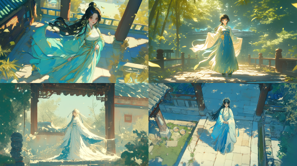 浅蓝与鹅黄汉服女子拉扯，正面视角，古代庭院青石板路，远处竹篱笆园子，中国古代动漫风，16：9，明亮色调，站立动作。