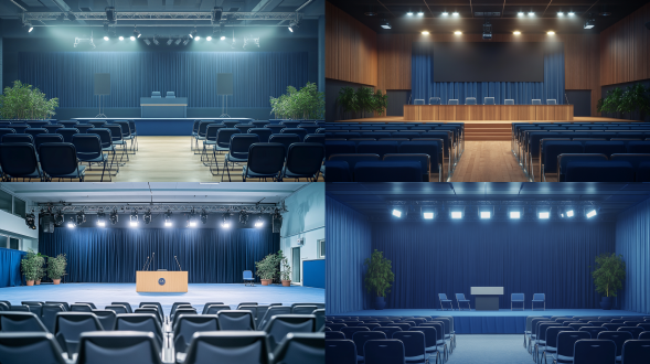 this is a freshly set-up press conference room for a basketball club. the entire space is spacious and bright, with a touch of solemnity and formality. in the front, there's a long rectangular podium with five chairs behind it. several microphones are neatly arranged on the podium for the speakers to use. the backdrop behind the podium lacks any prominent club logo, featuring only a simple dark curtain, which highlights the professionalism of the event. below the stage, rows of empty seats, mainly in dark gray or blue, are neatly lined up, awaiting the arrival of media reporters. the space is wide, with soft yet bright lighting, and several large conference lights hanging from the ceiling, illuminating the entire area. on both sides of the venue, a few green plants are placed, adding a touch of nature. the air carries a quiet atmosphere, as if everything is ready for the upcoming press conference. the primary color theme of the venue is blue.