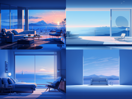 白色浅蓝色深蓝撞色画面，以蓝为主调，简洁无杂物，层次分明，低饱和度，顶光，全景，平面设计风格，宁静。