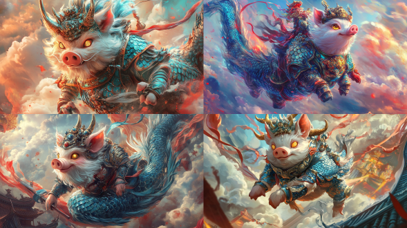 粉胖猪穿皮甲骑中国龙，抓龙角动态飞，金眼发光，青鳞红焰鬃，彩云背景，中国神话卡通风，8k，亮彩，细节繁复